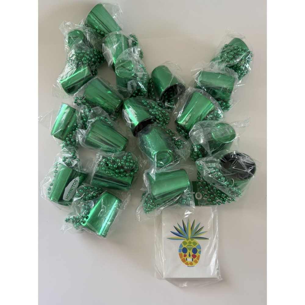 Hornitos Shot Glass Party Necklaces Green Metallic Lot of 20 with Stickers NWT